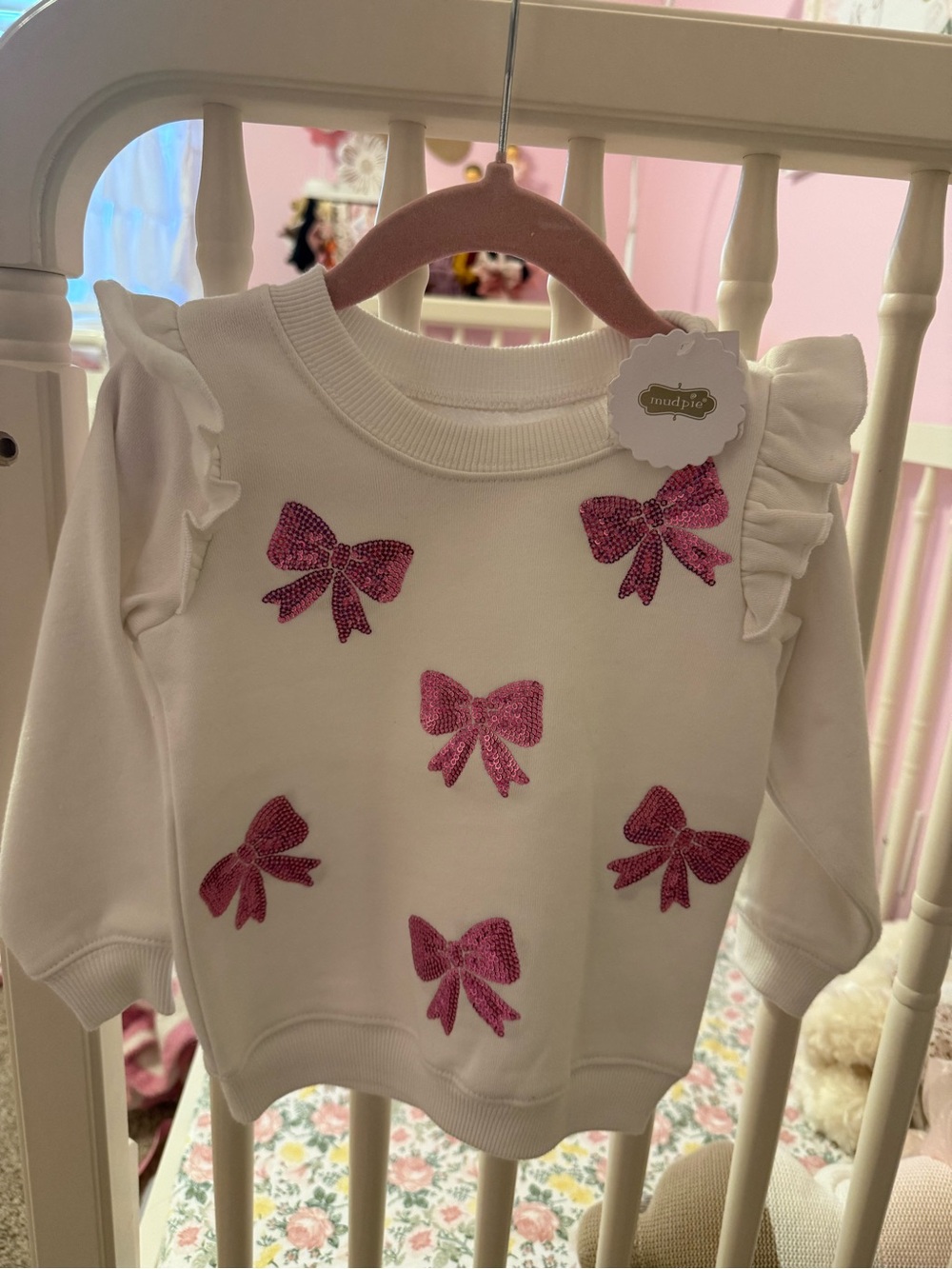 Mud Pie White Sweater with Pink Bow Appliqués